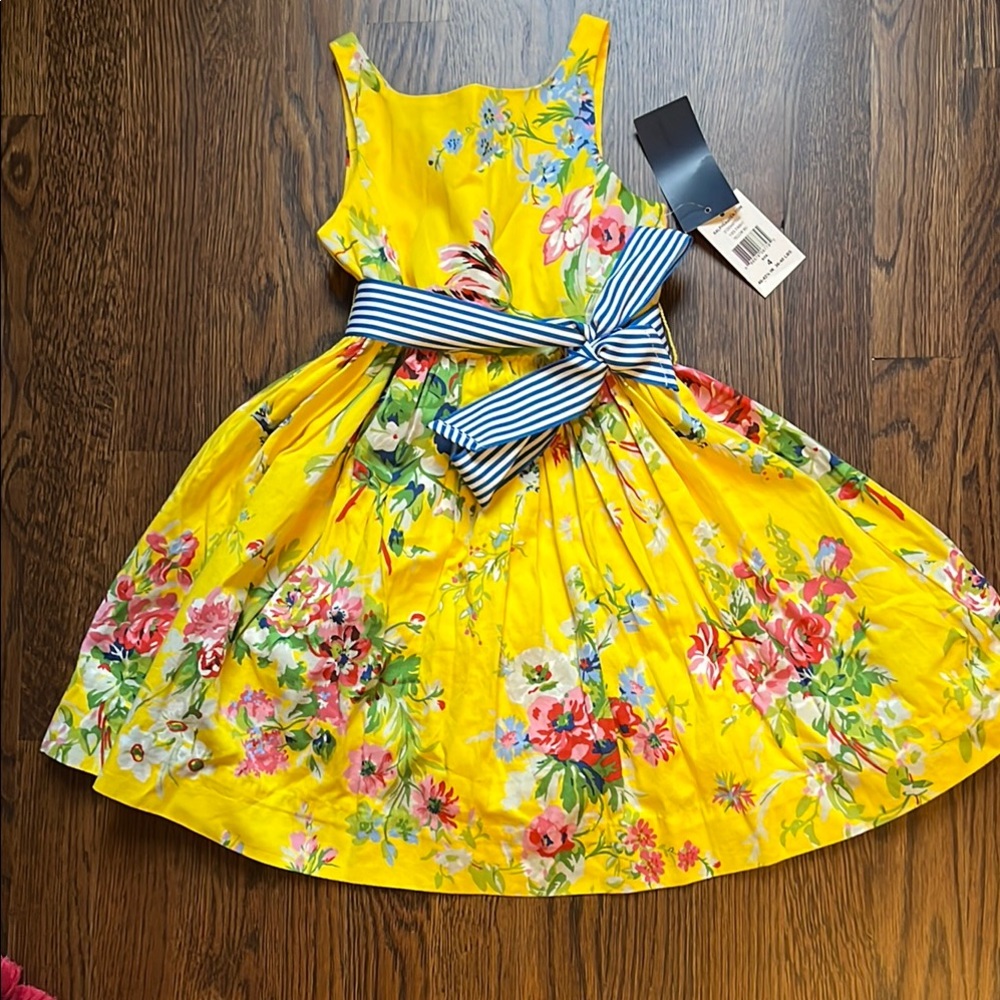 Yellow Floral Stripe-Bow Kids Dress
